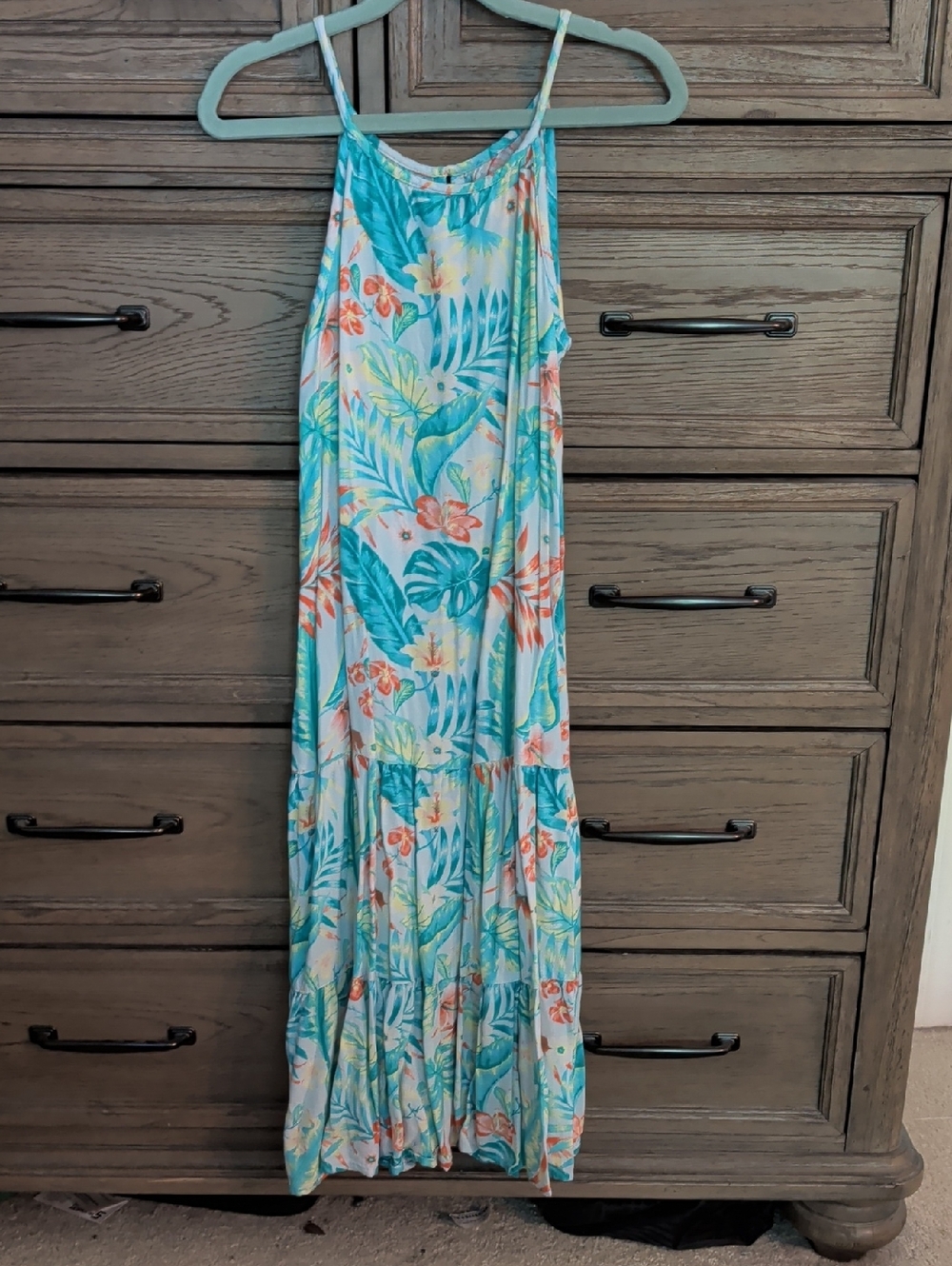 Tropical Print Blue Maxi Sundress with Spaghetti Straps